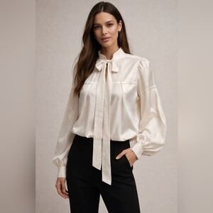 Diane von Furstenberg Cream Blouse Tie Neck Blouson Sleeves - Sz 10